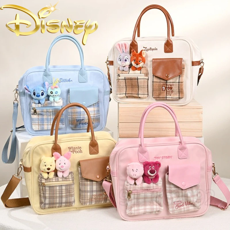 

Disney Women High Quality Fashionable Crossbody Tote Bag Large Capacity With Stitch Winnie Pooh Toy Story Plush Doll Decor