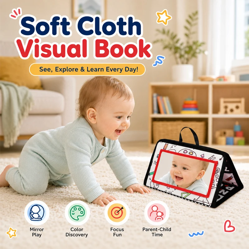 Soft Baby Book Bus Foldable Tummy Time Cloth Book with Mirror Sensory Early Learning Toy for Infants and Toddlers 0 to 3 Years