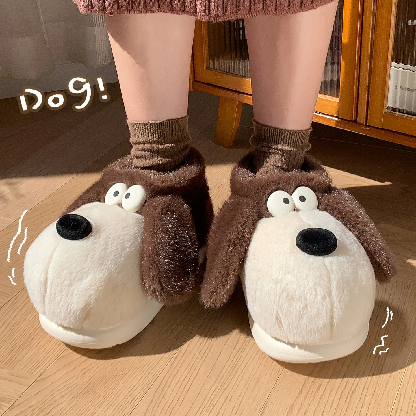 Koreanischer Stil, niedliche Welpen-Hausschuhe aus Plüsch, Damen, Winter, warm, mit weicher Sohle, für drinnen, flauschig, rutschfest, Hausschuhe. – Detail 9
