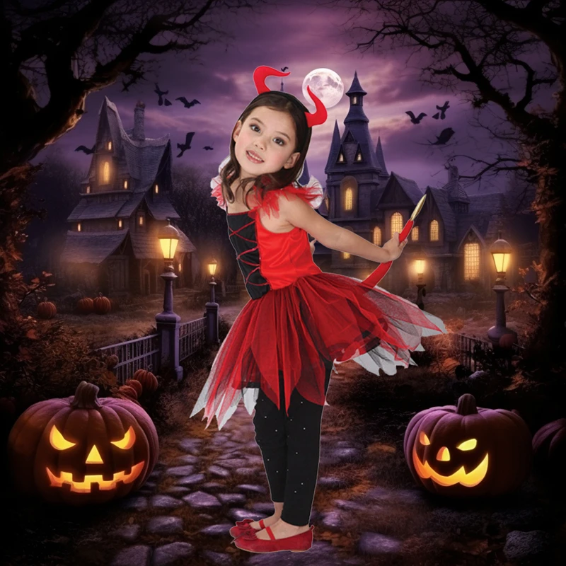 Halloween Red Devil Cosplay Costumes for Kids Girls Demon Costume Fancy Carnival Dress Suit (Without Pants)