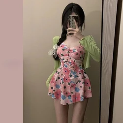sexy Korean fashion floral print swimsuit two pieces purple ruffles bodysuits with cover mesh smock bikinis cute beach outfits
