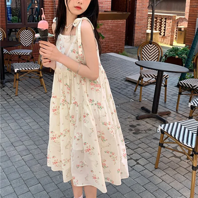 Rimocy Sweet Spaghetti Strap Flowers Dress Women Korean Style Lace Up Loose Midi Dresses Woman 2023 Summer One Piece Dress Mujer