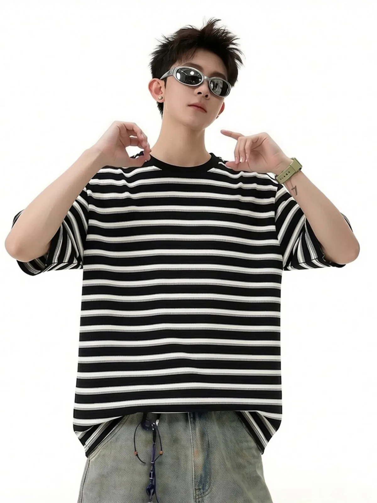 Japanese Style Color Block Bamboo Stripe Short Sleeve T-Shirt Men's Loose Youth Five-Point round Neck Body Shirt Casual Wear