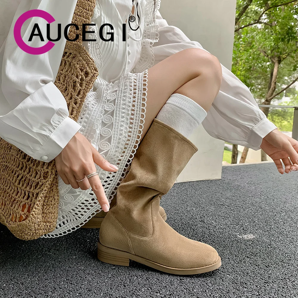 

Aucegi/женские плиссированные ботинки из флока до середины икры, пикантные классические простые модные модельные туфли без шнуровки с круглым носком на толстом каблуке