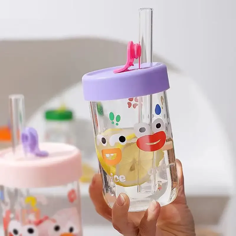 550ml Cute Kawaii Glasses With Lid and Straw Bubble Tea Cup Glass Cups For Coffee Mug Juice Can Milk Mocha Water Cup Drinkware