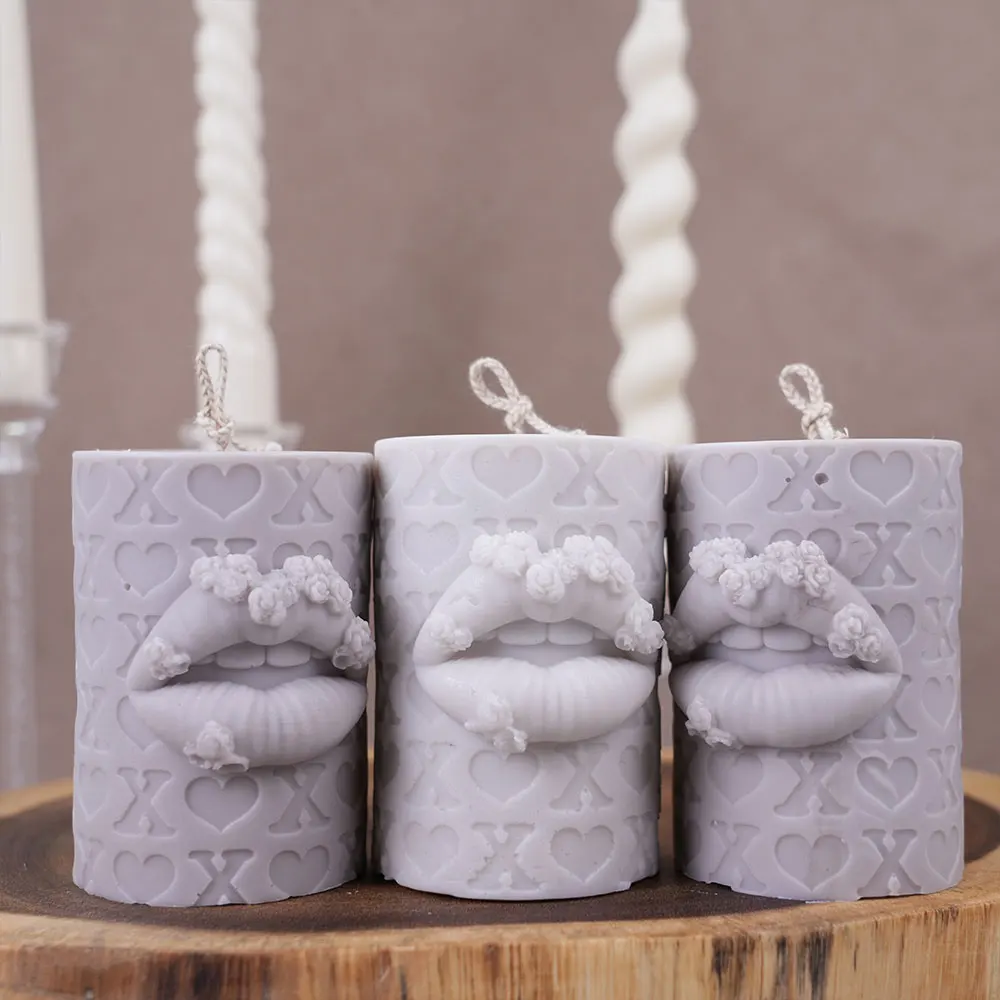 الإغاثة زهرة الشفاه شمعة قالب من السيليكون الحب إلكتروني الطباعة جولة عمود رائحة شمعة الجبس ل ضوء الشموع ديكور هدايا الزفاف