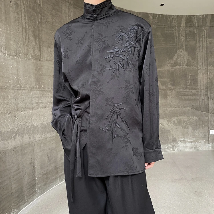 

New Chinese Sle High Collar Bamboo Le Embroidery Long Sve Men's irt Tang Costume Spring Faion Button up Top Trendy