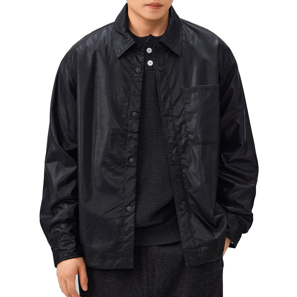 

PU Leather Cargo Shirt Style Jacket Men American Streetwear Fashion Loose Casual Leather Motorcycle Jacket Coat Outerwear