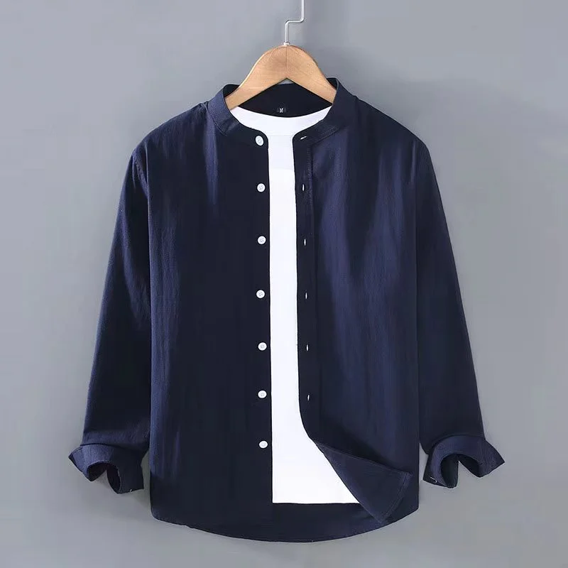 New blue linen long sleeve shirt stand collar long sleeve Henry shirt soft and comfortable summer men\'s shirt solid color S-3XL