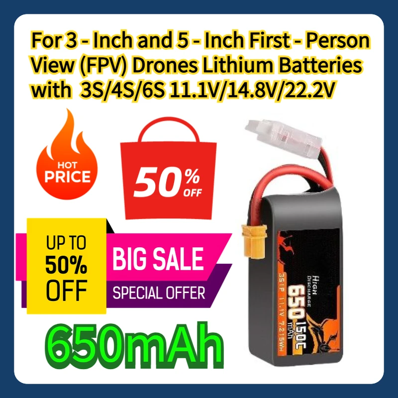

Для 3-дюймовых и 5-дюймовых литиевых батарей для дронов с видом на первый человек (FPV) с 650 мАч 3S/4S/6S 11,1 В/14,8 В/22,2 В