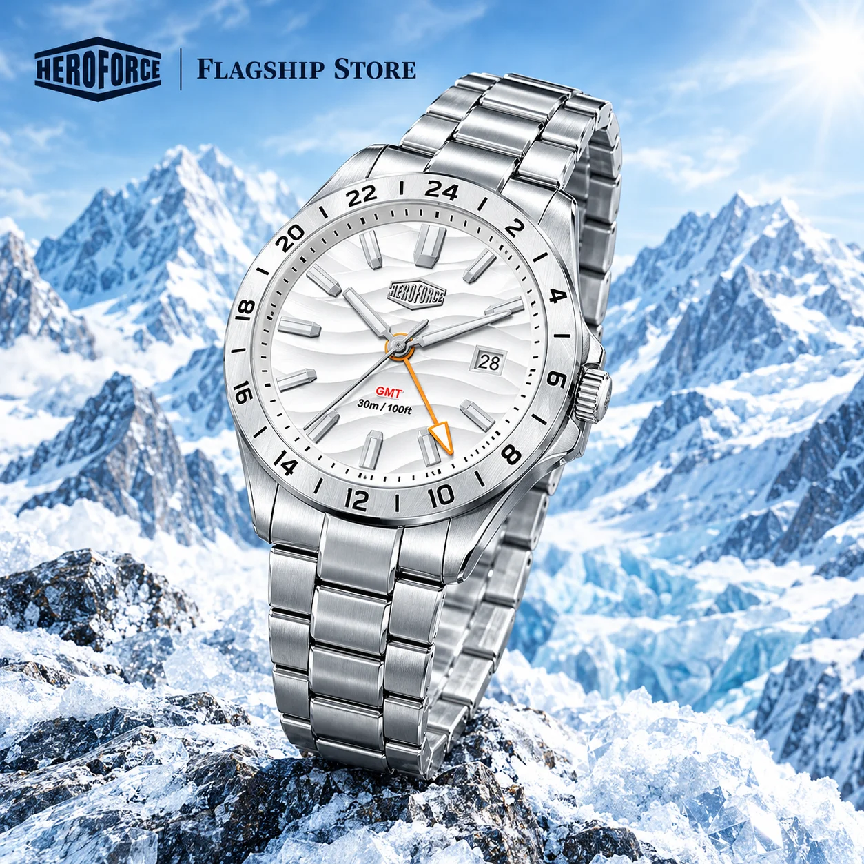 HEROFORCE Quality Original GMT Men Clock Waterproof Luminous Date Luxury Man Watch Stainless Steel Quartz Men's Watches Male