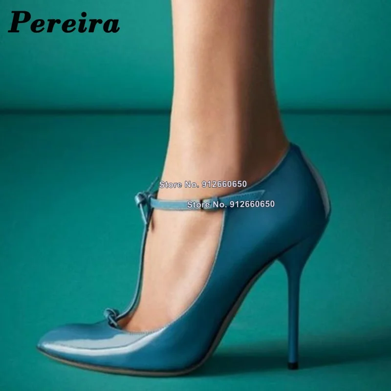 Pereira Solid Bow Knot T-strap Pumps for Women Pointed Toe Buckle Strap Block Heel Wedding Shoes Thin High Heel Shoes on Heels