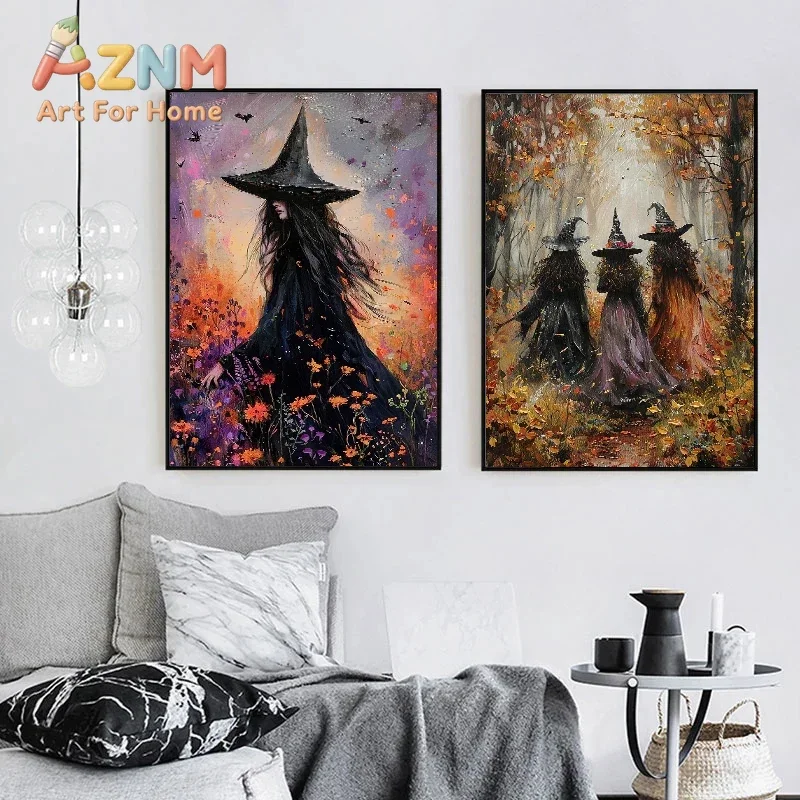 Halloween Dark Witch Wall Decor Poster Autumn Witch in the Forest with Flowers Unframed Canvas Print Home Festive Decor