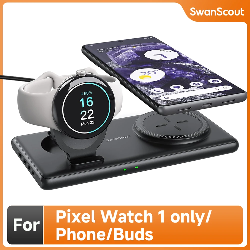 SwanScout 502G Wireless Charger for Google Pixel 9 Pro Fold 8a 8 7 2 in 1 Charging Station for Pixel Watch 1 for Pixel Buds Pro2