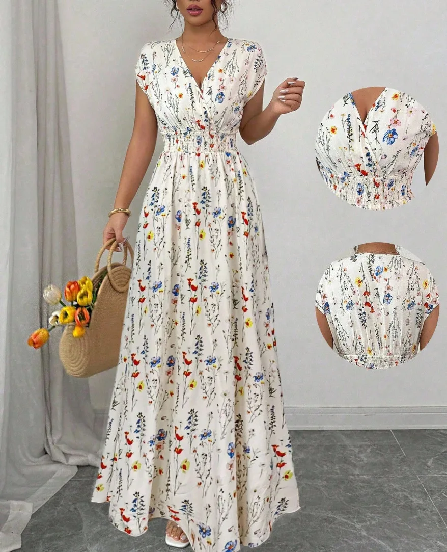 Summer Women's V-neck Dress Short-sleeved High-waisted Plant Print Simple Fashion Holiday Casual Long Dress for Female - Image 6