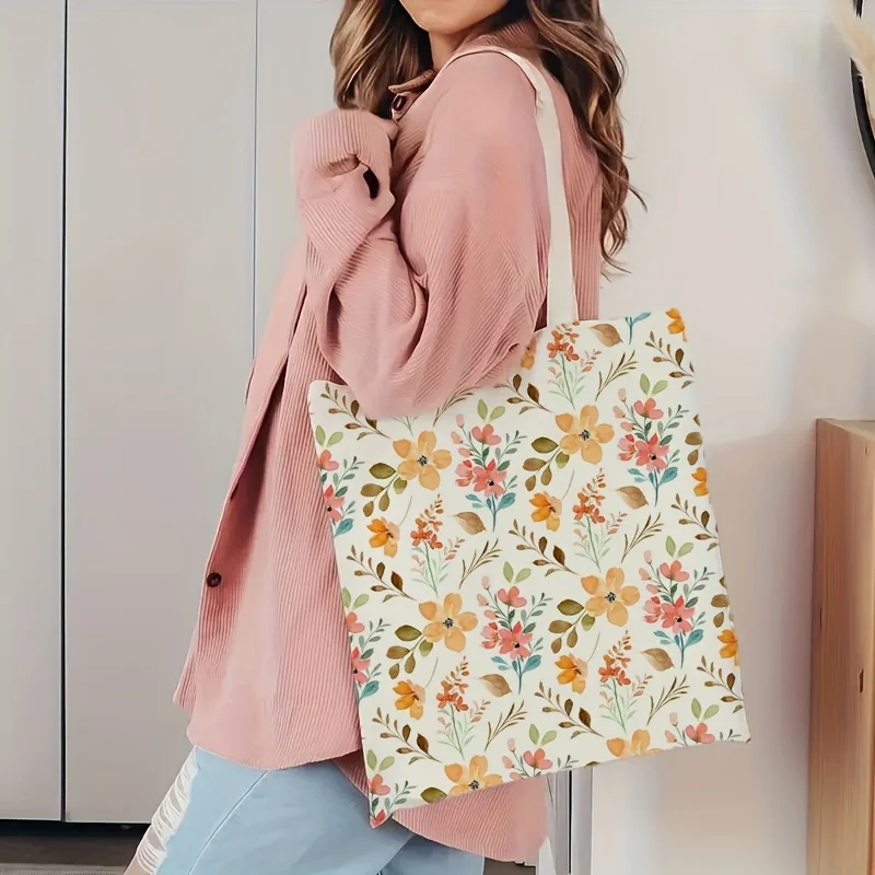 2026 Summer Floral Print Tote Bag Watercolor Wildflower All Over Print Casual Reusable Shoulder Bag for Daily Travel Shopper