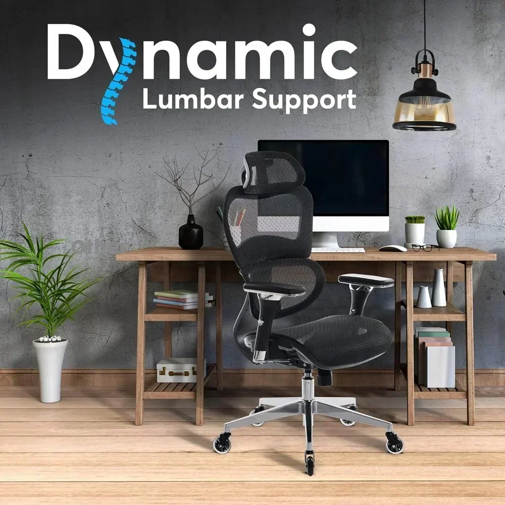 Ergonomic Office Chair, Rolling Desk Chair with 4D Adjustable Armrest, 3D Lumbar Support, Blade Wheels, Mesh Compu