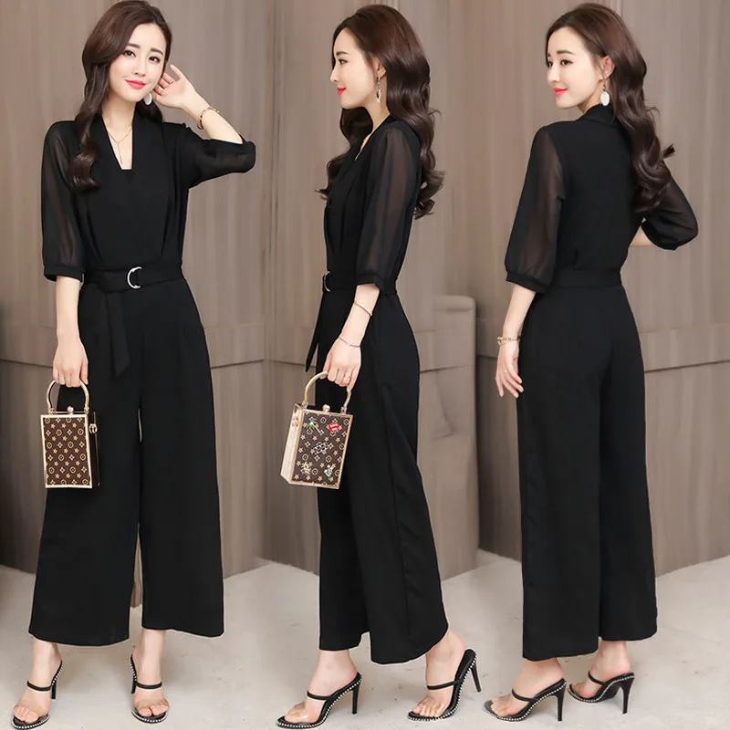 

New Fashion Summer High-End Wide-Leg Pants Jumpsuits Women Short Sleeve Rompers