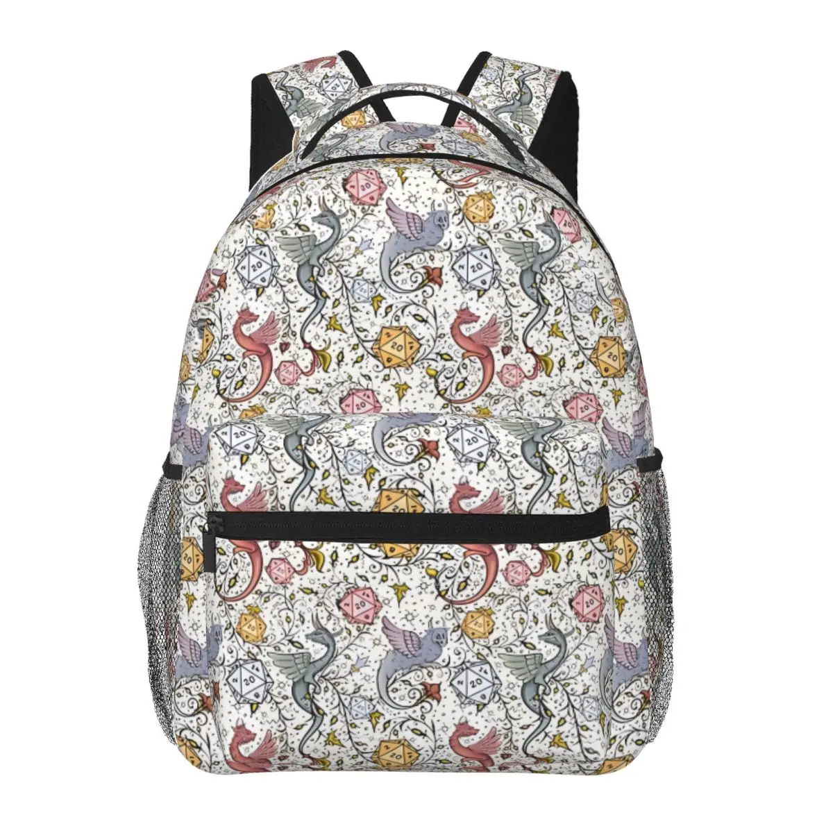 

VINTAGE MEDIEVAL DRAGON AND D20 DICE, Dnd Pattern, Floral, Blue, Yellow, Pink For Girls Boys Large Capacity Student Backpack