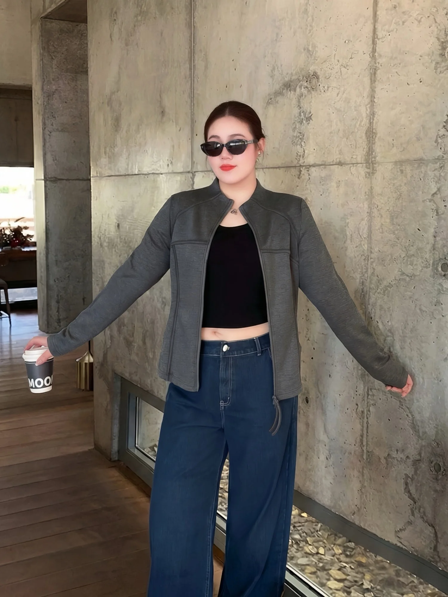 

Casual Spring Short Jacket plus Size Women's Fashion Stand Collar Versatile Fat MM Commute Style Top Sleeve Length Long