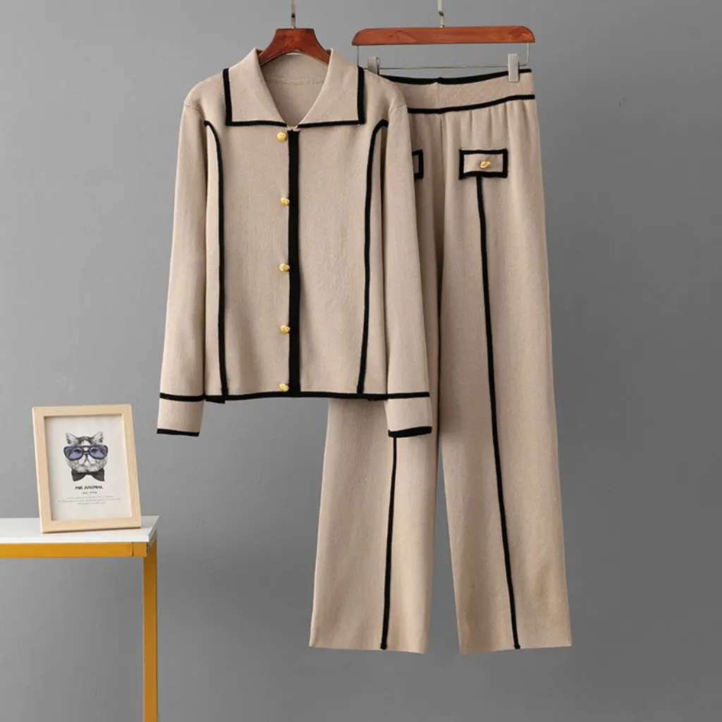 

Женский вязаный комплект из двух предметов, осенне-зимний однобортный свитер с воротником-поло и широкие брюки, повседневная спортивная мода