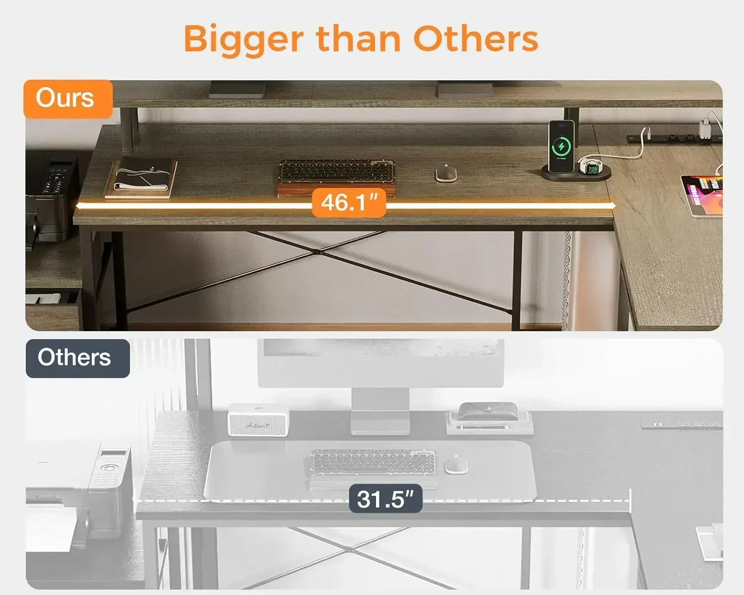 Shaped Desk with File Drawer, 75" Reversible L Shaped Computer Desk with Power Outlet & LED Strip