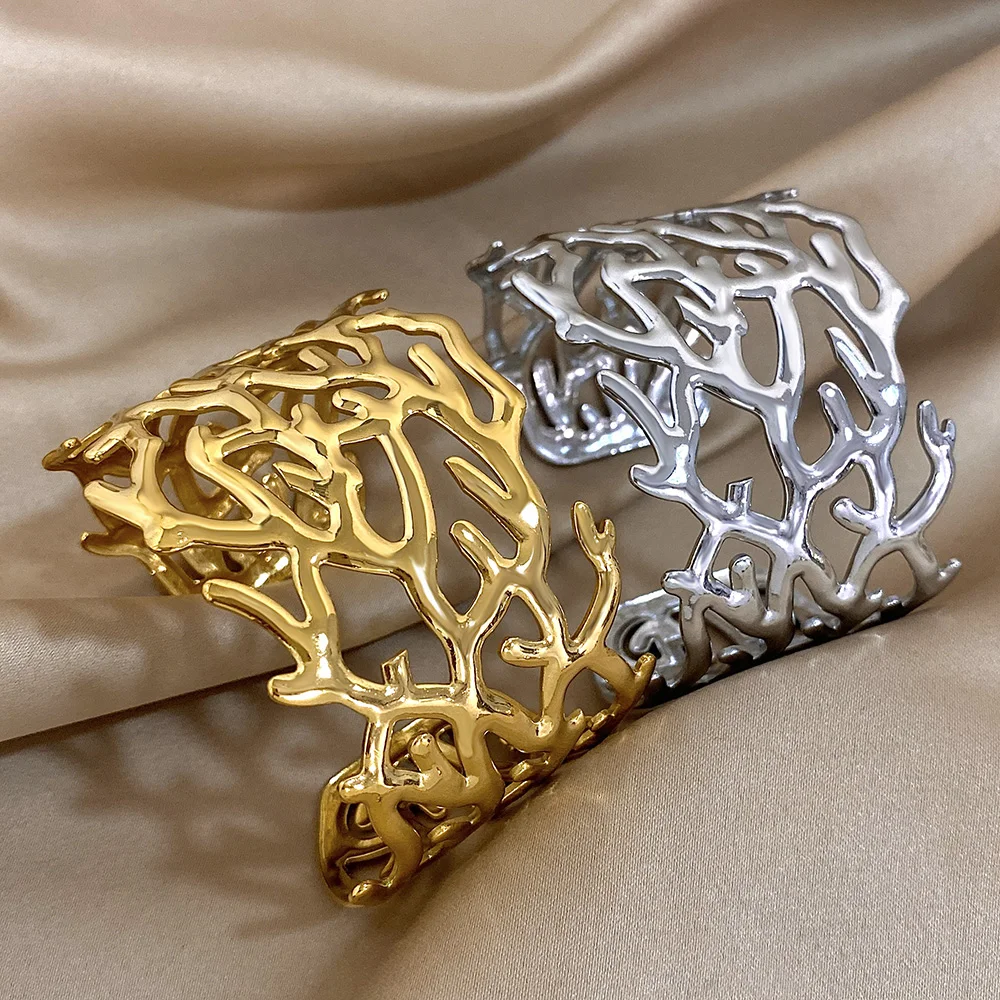 Fashion Gold Silver Color Stainless Steel Bracelet for Women Chic Chunky Irregular Coral Shaped Open Bangles Jewelry Gifts