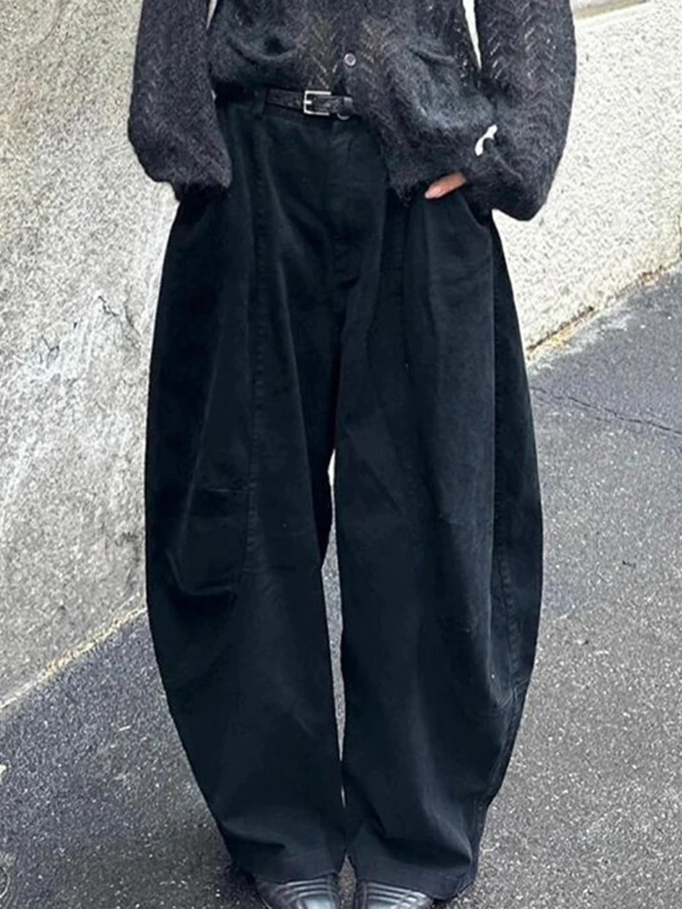 Black curved knife jeans women autumn new lazy style and relaxed street trendy unique solid color casual versatile pants