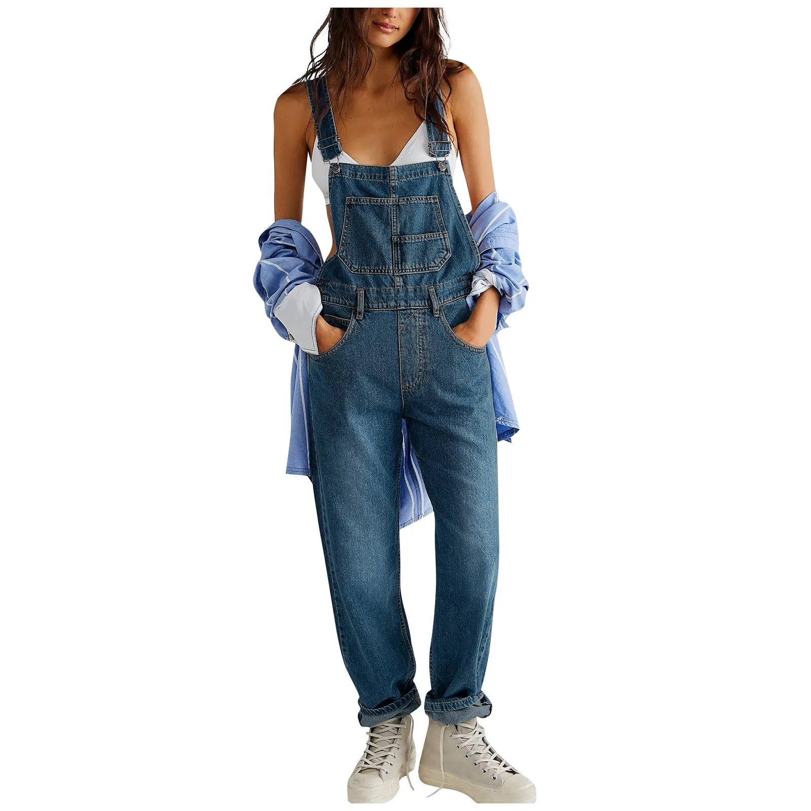 New Women Jeans Jumpsuit Retro Big Pocket Denim Overalls Straight Leg Denim Jumpsuits Adjustable Cross Back Strap Monos Largos