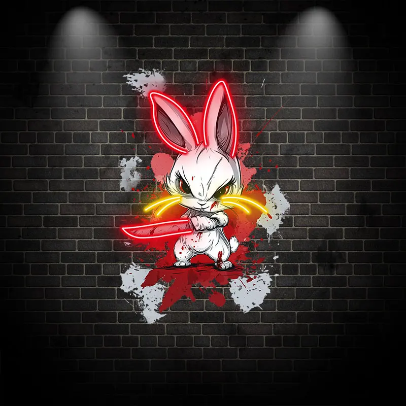 لوحة فنية جدارية نيون من Toysign Samurai Bunny - لافتة LED شرسة مع كاتانا، نمط كرتوني، ديكور جريء لغرفة الألعاب والبار والجل الكهف