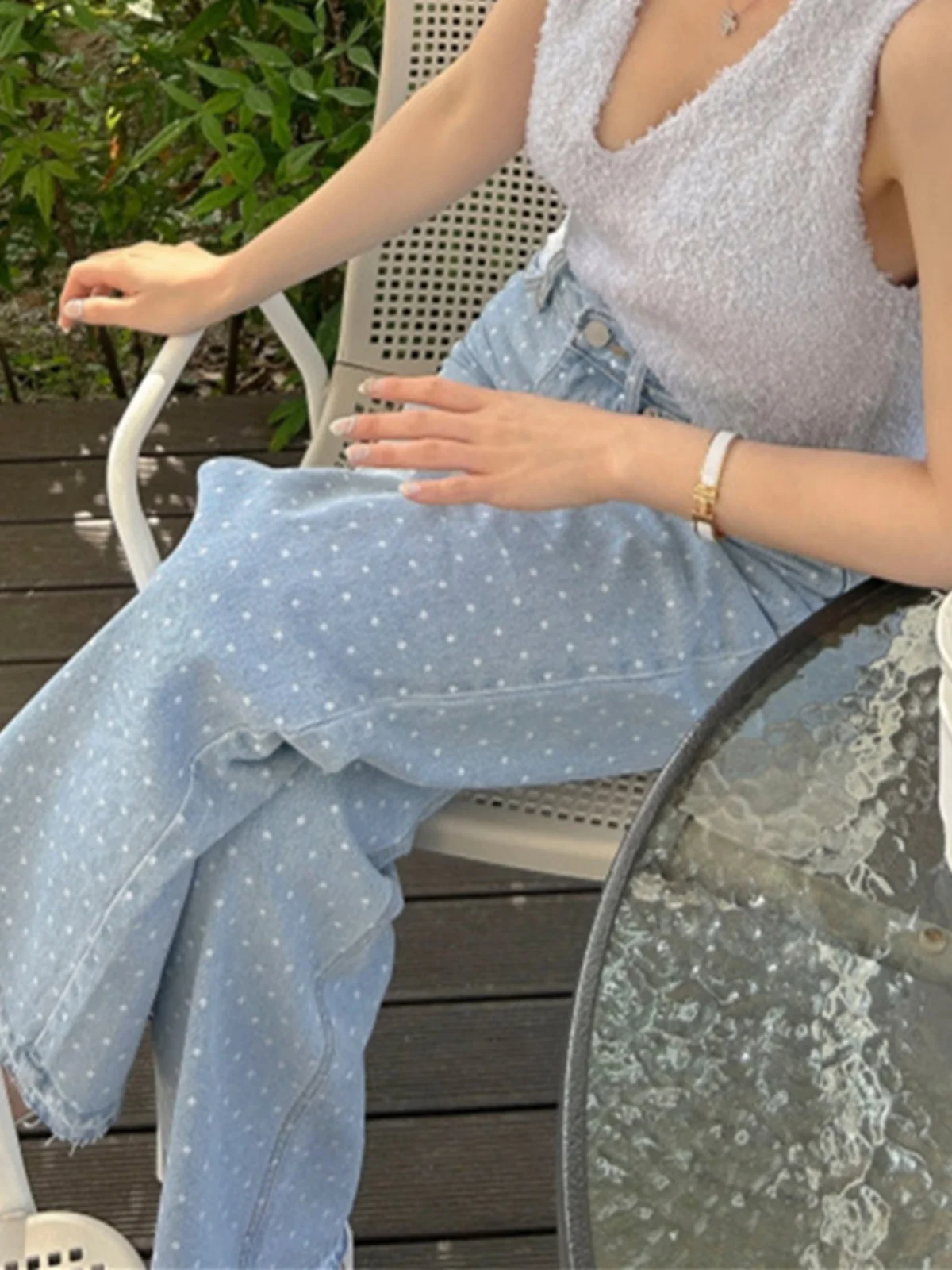ハイウエストワイドレッグデニムジーンズ女性のシックな秋ヴィンテージオールマッチ痩身カラーブロックデザインタッセルエッジカジュアルパンツ