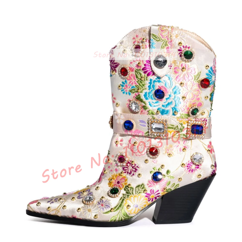 Gems Floral Western Bootie Women Luxury Crystal Studded Chunky Heels Shoes Ladies Belt Detail Pointy Brocade Bling Mid-calf Boot