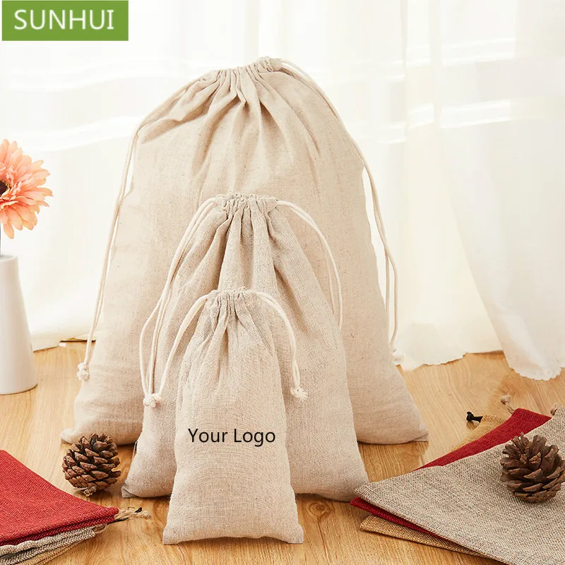 

100PCS Linen Drawstring Bag Jewelry Packaging Pouch Cosmetic Storage Wedding Gift Earrings Bead Sack Pocket Custom Logo Print