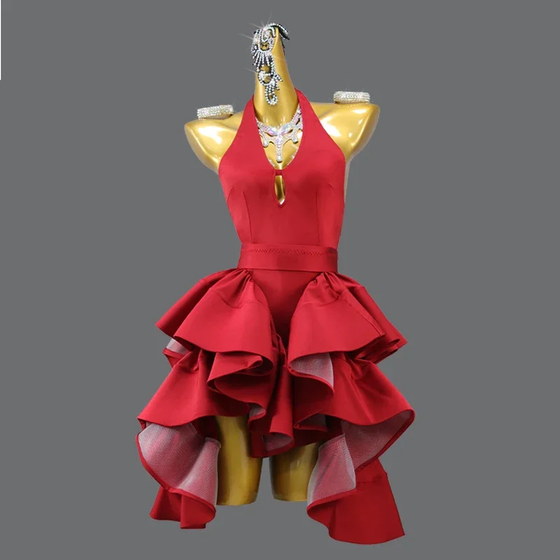 

Professional Red Latin Dance Dress Sexy Ladies Ballroom Party Show Costume Practice Wear Line Women Sports Skirt Female Clothing