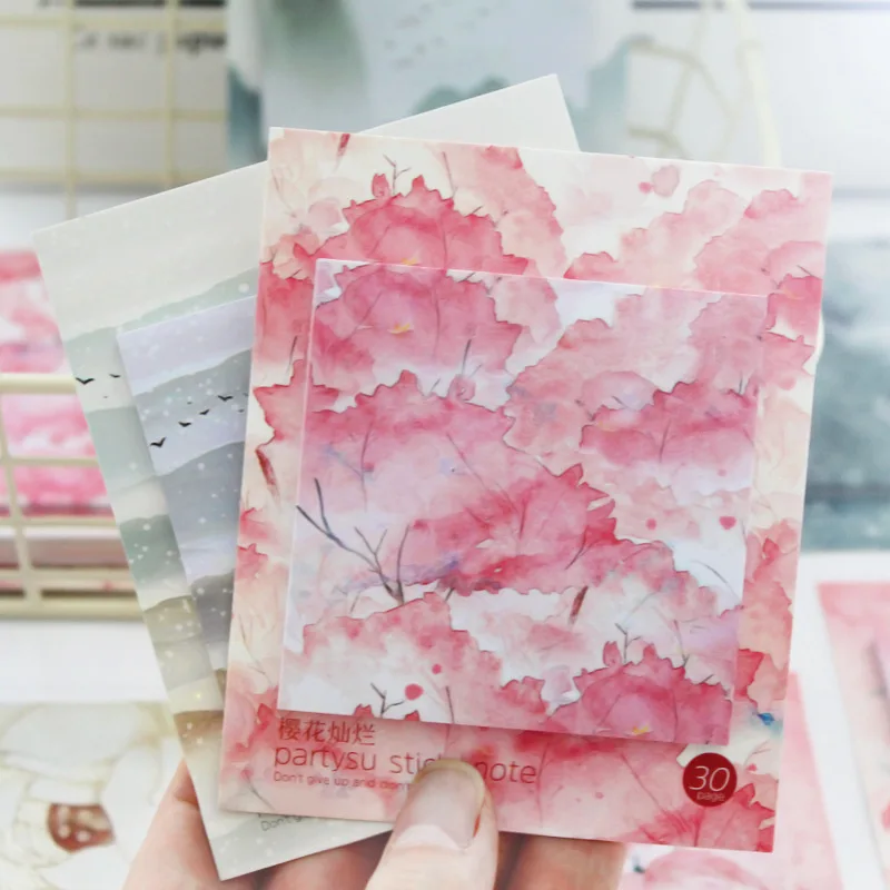 Kawaii Flamingo Sticky Notes Landscape Painting Memo Pad Marble Paper Sticker Notepad Office School Supplies Korean Stationery