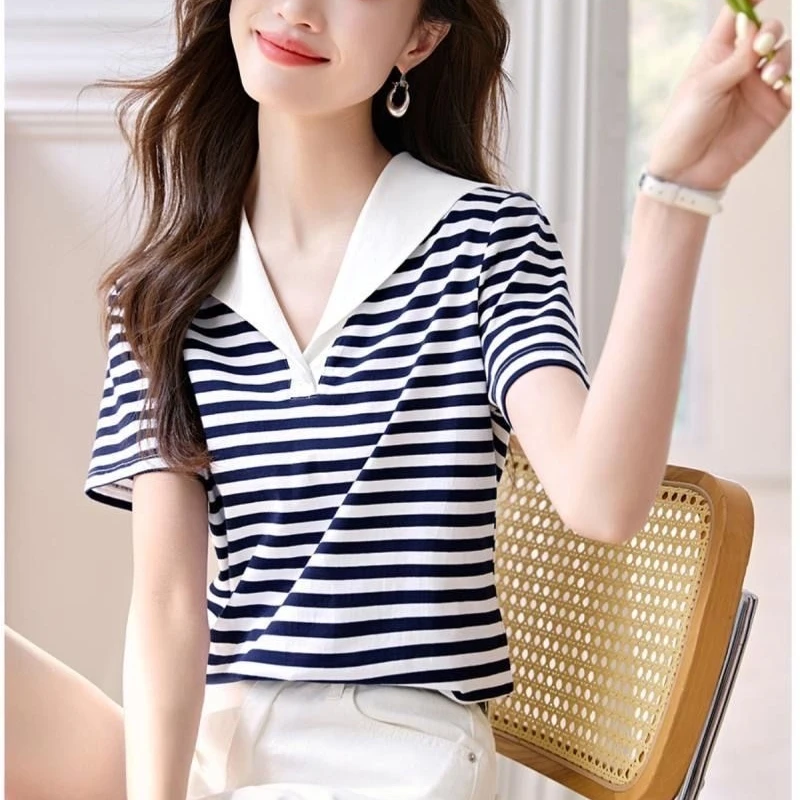 2024 New Summer Young Style Minimalist Fashion Short Sleeved Sailor Collar Striped Patchwork Contrasting Women\'s T-shirt Top