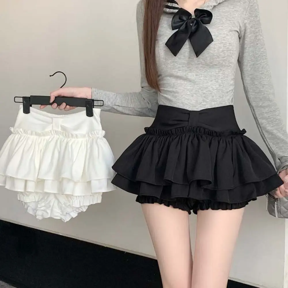 

Double Layered Mini Cake Skirts A-line Ruffle High Waisted Pleated Skirt Korean Style Irregular Belt Shorts Mini Skirt Girls