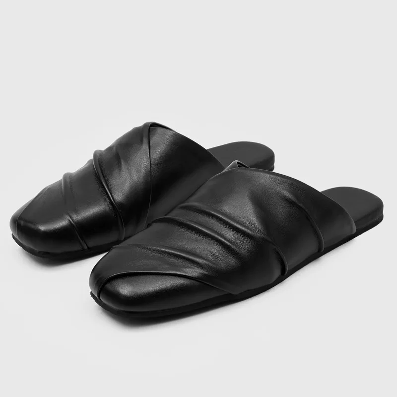 

2026 Hot Sale Men's Wrinkle Square Toe Leather Backless Mules Slides Soft Flat Walk Zapatos Hombre Street Casual Soft Footwear