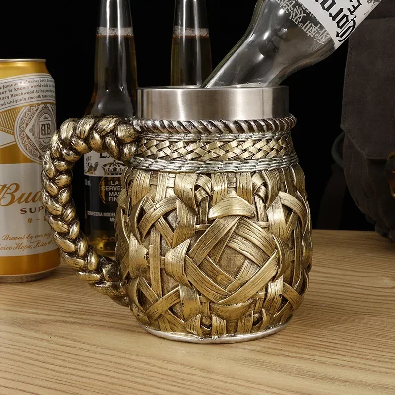 Bamboo Woven Wooden Barrel Beer Mug 3D Large Capacity Resin Stainless Steel Coffee Mug Wine Glass Personalized Bar Decoration