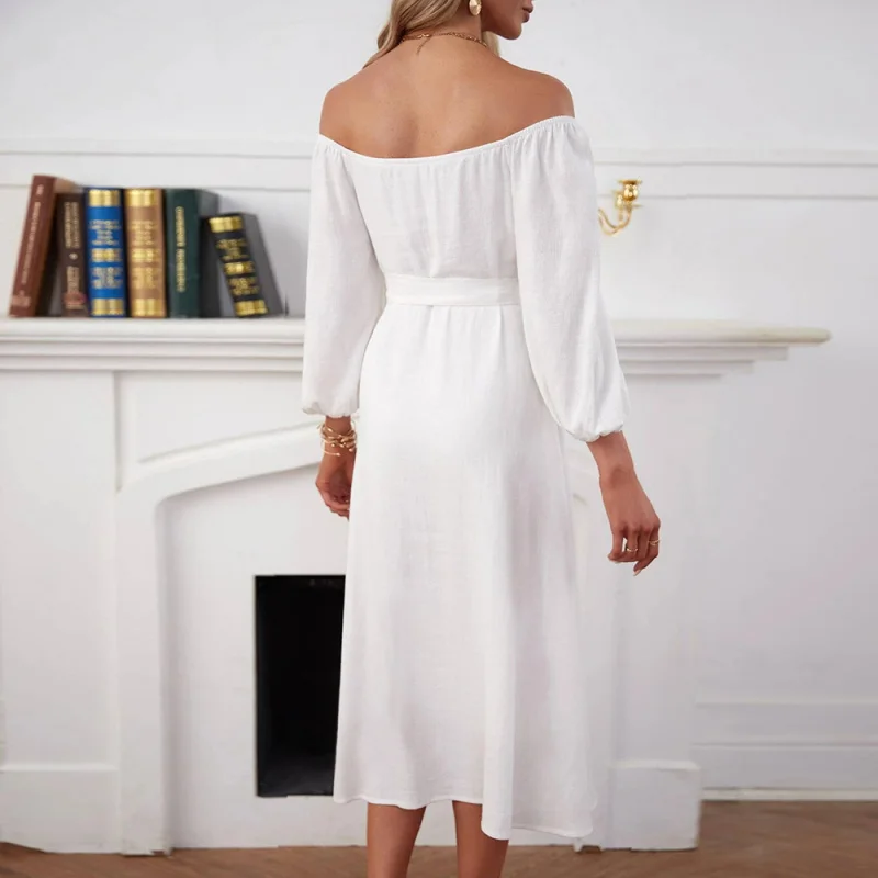 YQ1-فستان نسائي جديد أنيق بدون أكتاف وصدر واحد وأكمام طويلة متوسط الطول