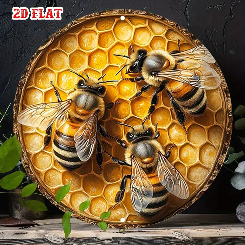 2D Flat, Bee Colony Round Aluminum Sign, Golden Honeycomb Rustic Wall Art with Bees & Honey, Vintage Nature-Inspired Metal Decor