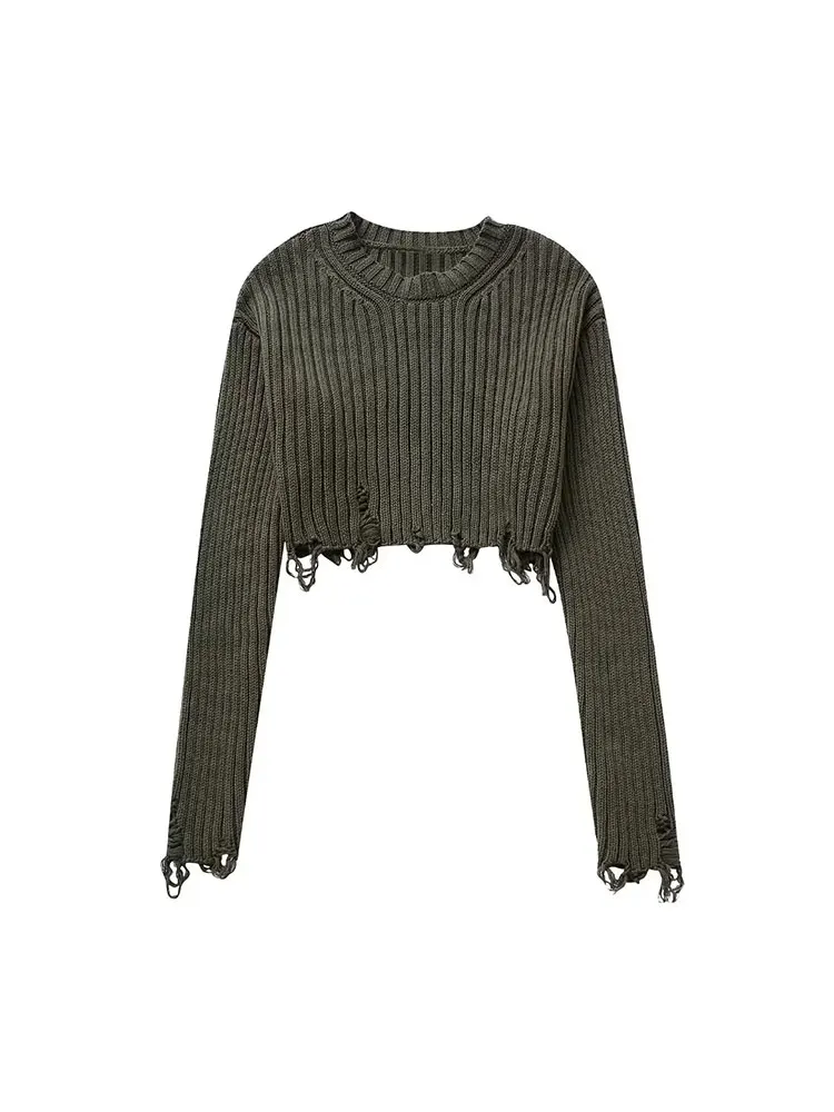 TRAF 2023 Autumn Y2K Women Short Sweaters Long Sleeve Frayed Knitted Jumper Pullovers Female Crop Top Pull Streetwear