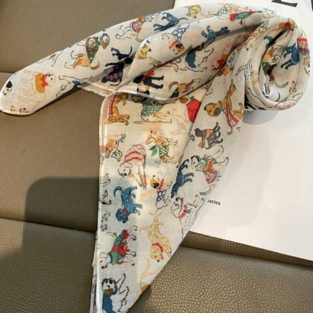 1pcs Cartoon Dog Print Silk Scarf Female Small Square Scarf Cartoon Fashion Versatile Decorative Neck Protecting Bandana Hijab view 6