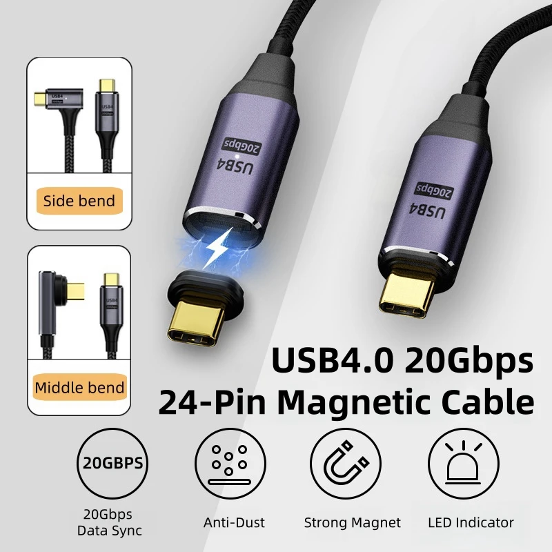 USB4.0 24-Pin Magnetic 20Gbps Cable PD 100W 5A Fast Charging USB C to USB C 8K@60Hz Thunderbolt 3 Data Cable For Macbook Pro