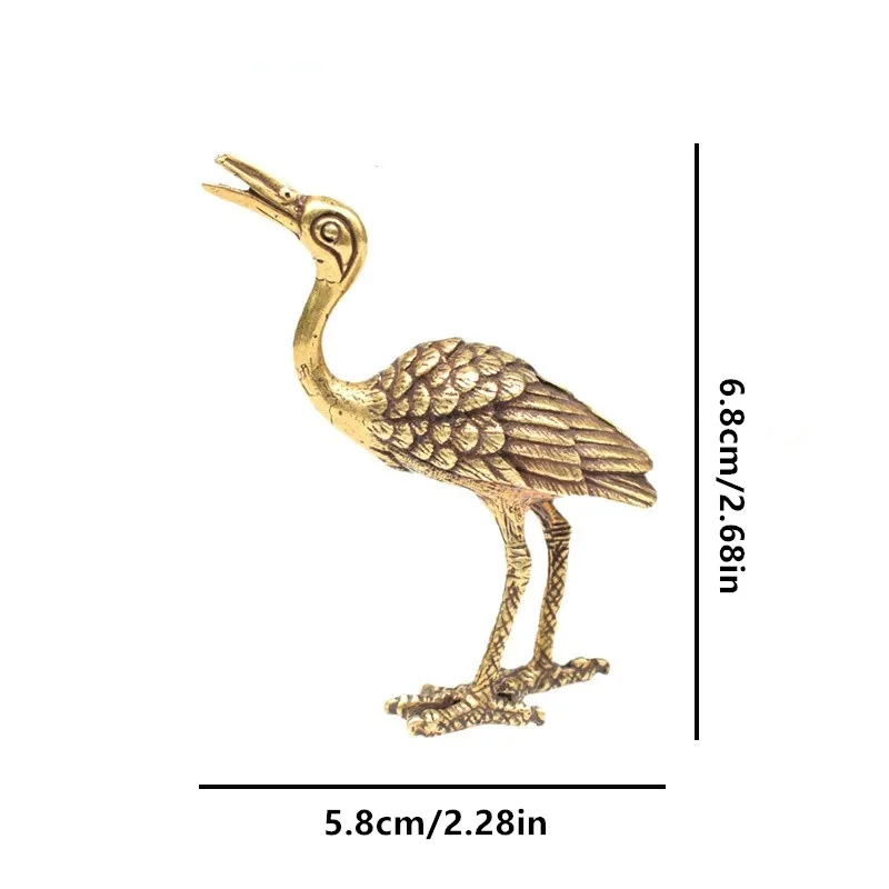 Solid Copper Chinese Feng Shui Animal Crane Sculpture Small Desktop Ornament Brass Miniatures Figurine Tea Pet Home Office Decor