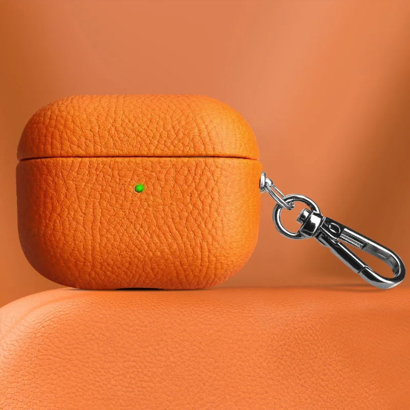 Funda de cuero genuino para AirpPods Pro 2, funda para AirPods 1, 2, 3, accesorios para auriculares Bluetooth, patrón de lichi, cuero de vaca con hebilla