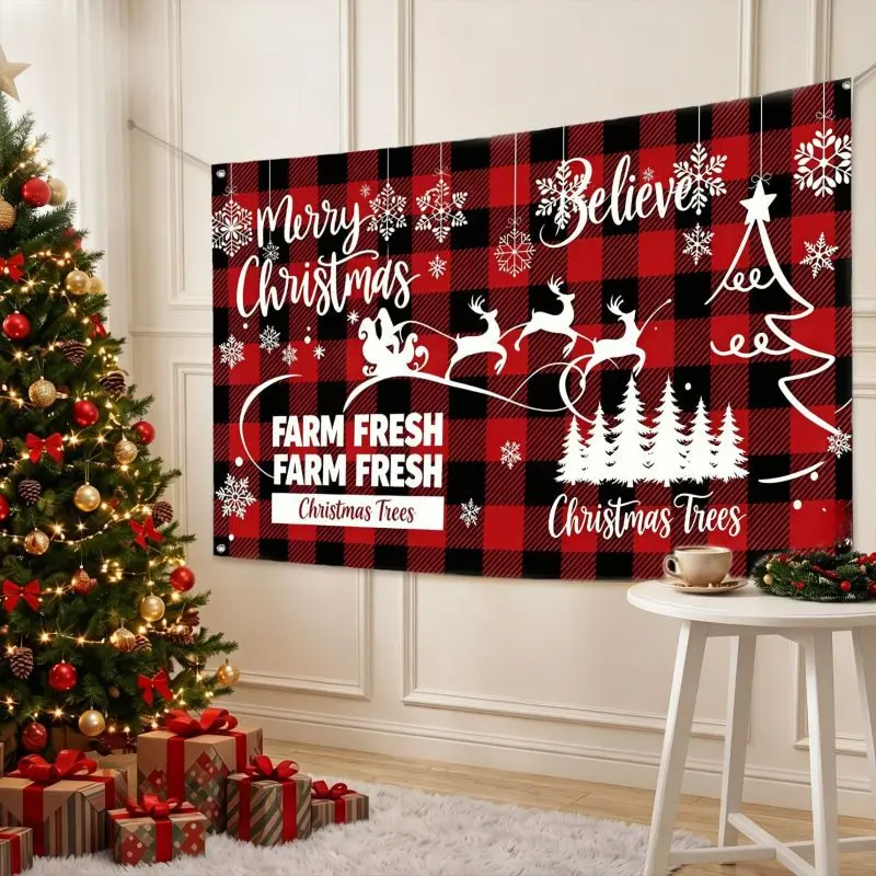 VIKAMA Wall Tapestry Merry Christmas Believe Red Plaid Santa Sleigh Trees Banner Wall Hanging Home Decor Living Room Bedroom