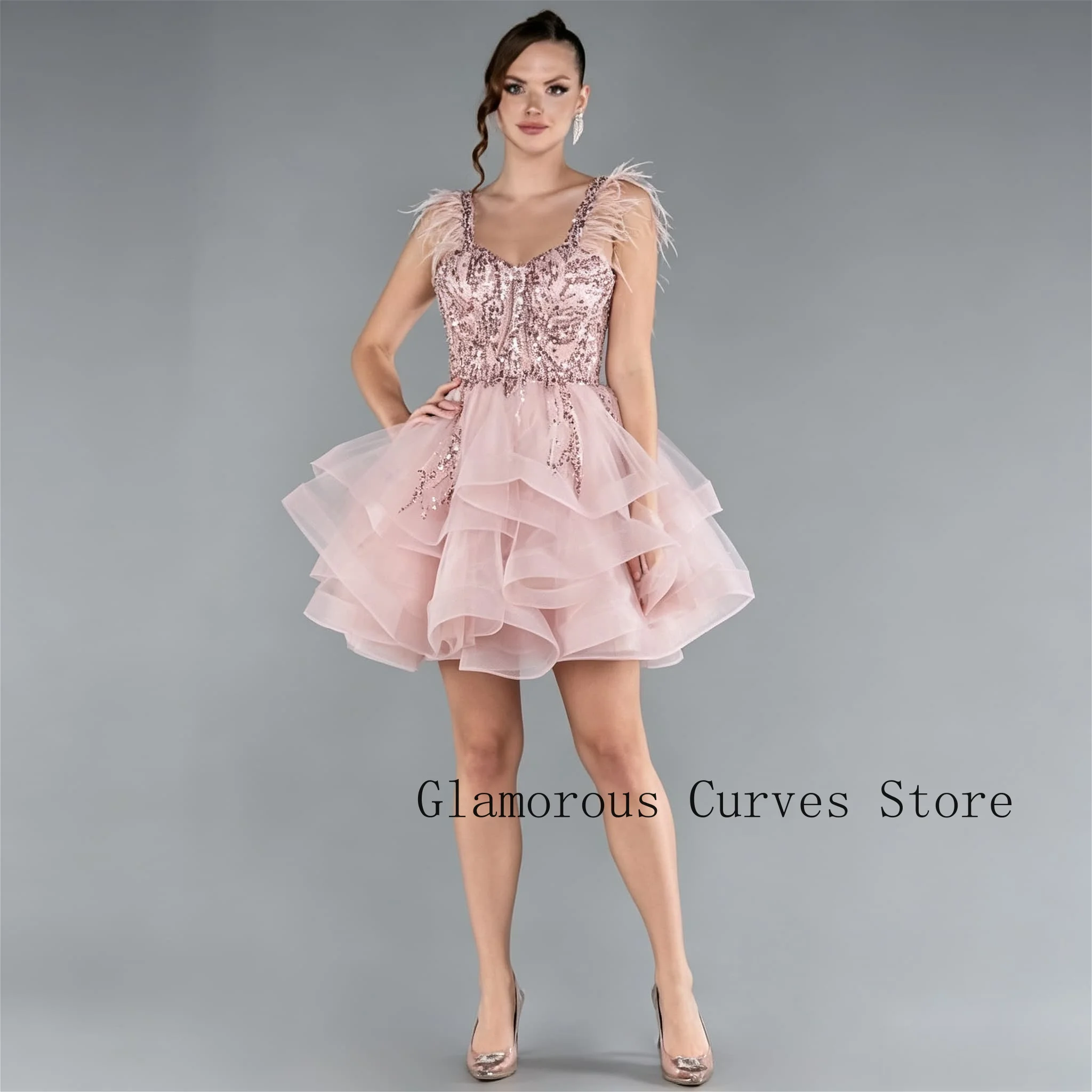 Customized Pink Short A Line Tulle Evening Dress with Sequin Sweetheart Neck Sleeveless Flared Cut for Homecoming Party Dresses