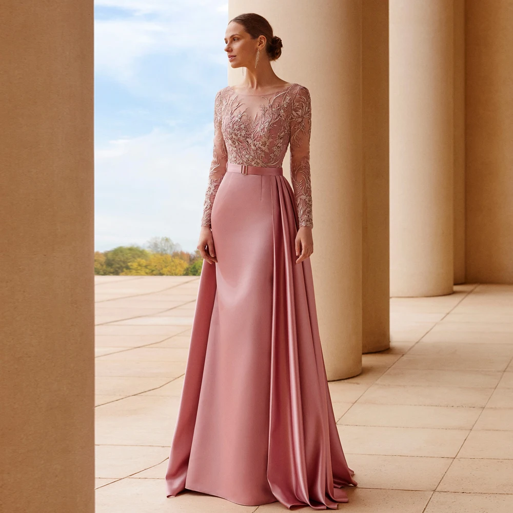 Elegant Mother of the Bride Dresses O Neck Long Sleeves Wedding Party Gowns Appliques Floor Length A-Line Satin فساتين السهرة