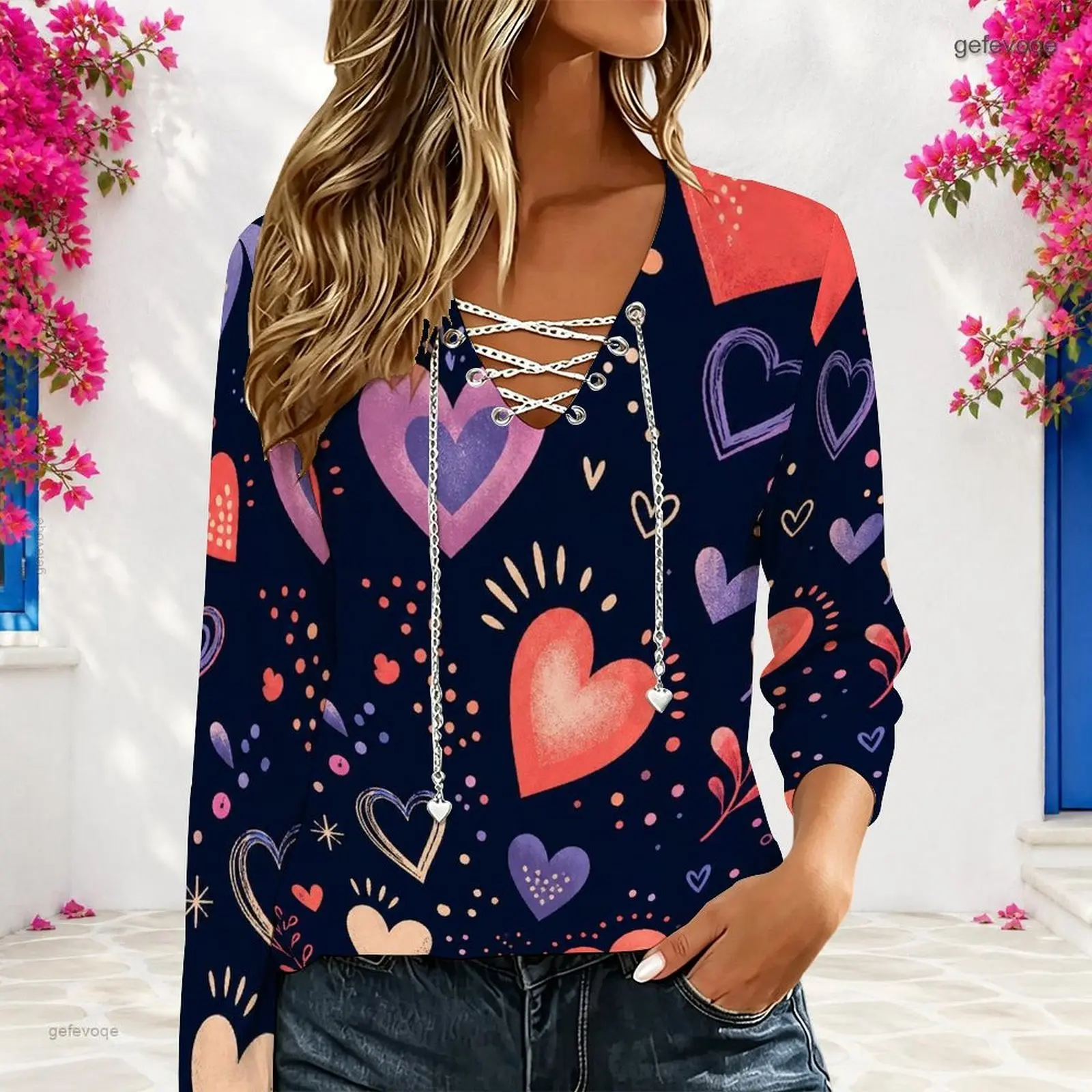 Women V Neck Long Sleeve Top Metal Chain Criss Cross Lace Up Cutout Loose Casual Blouse Custom Print Ladies Western Style Tee